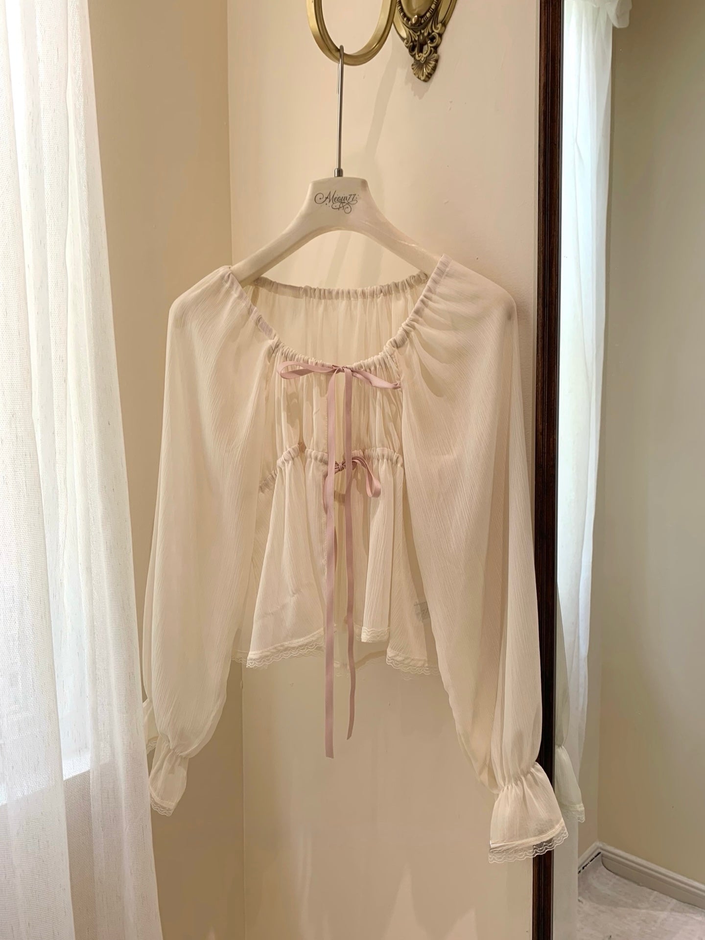 ⁠[Girly] French Romantic Ruffle Ribbon Chiffon Blouse (QH-031)⁠