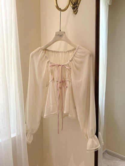⁠[Girly] French Romantic Ruffle Ribbon Chiffon Blouse (QH-031)⁠