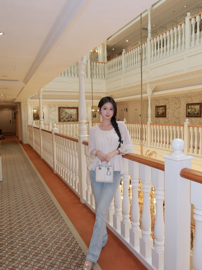 [Romantic] French Lace Trim Tie-Front Chiffon Blouse (Q1361)