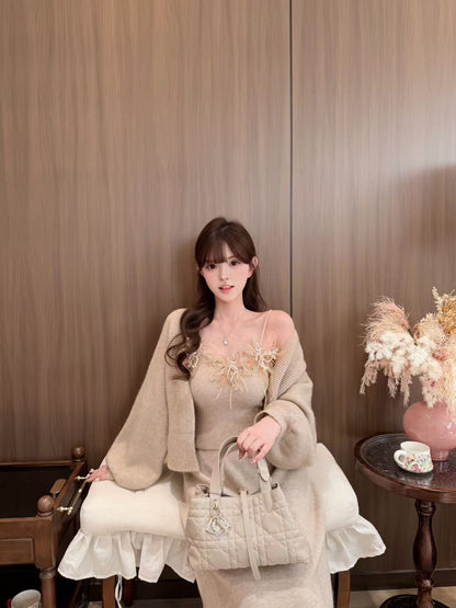 [Elegant]Japanese Style Feather Lace 3-Piece Knit Set (QH-076)