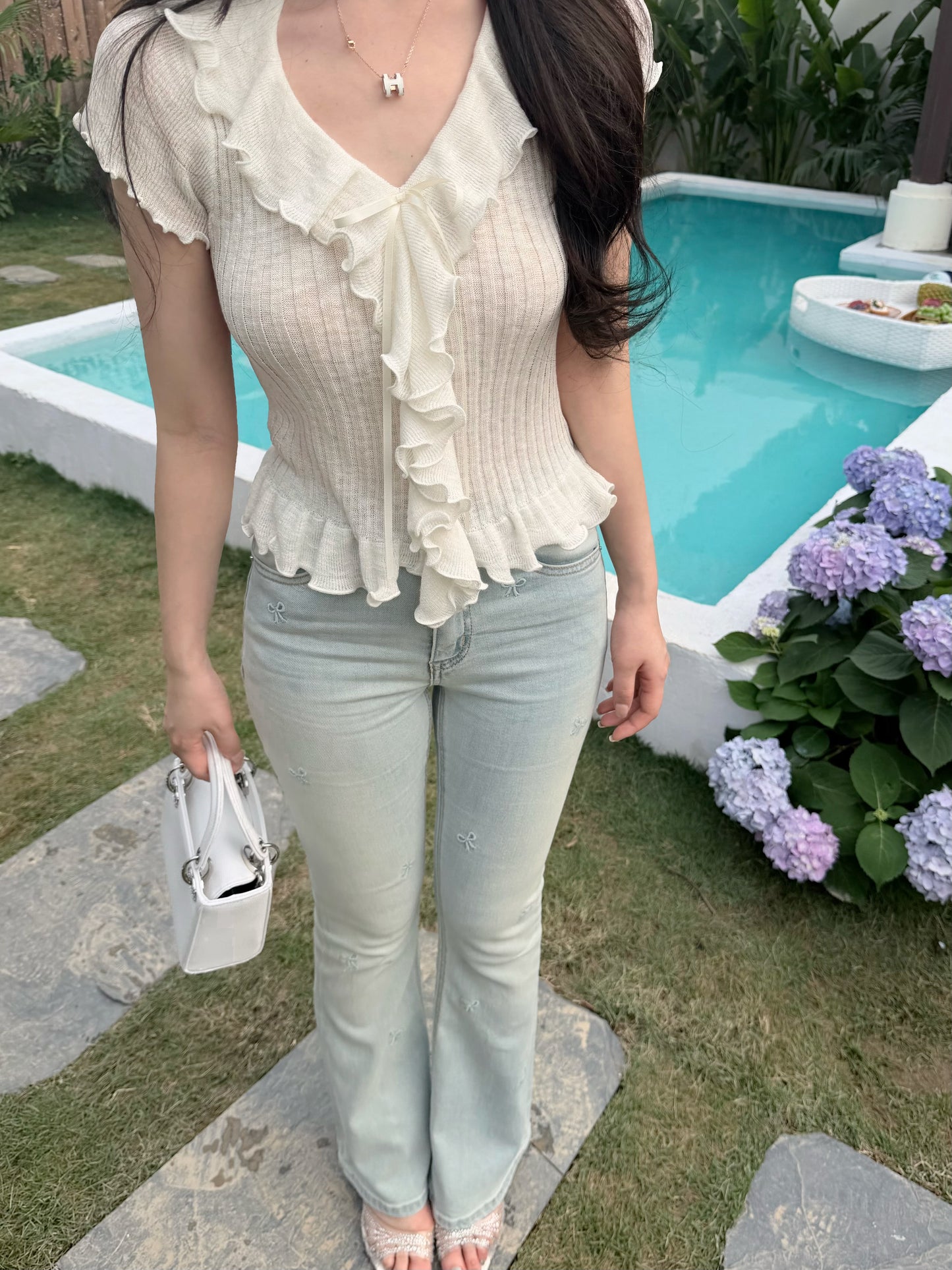 [Girly] Ruffle Flutter Sleeve Knit Top (QF031)