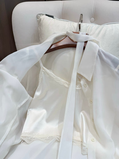 [Bestseller] French Tie-Neck Bow Chiffon Blouse (Q1382)