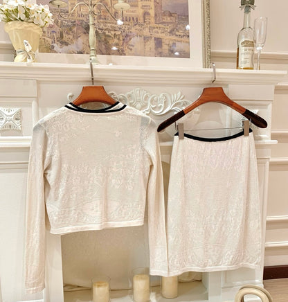 [Workwear] French Contrast Trim Lace Knit Cardigan and Skirt Set (QH-09)⁠