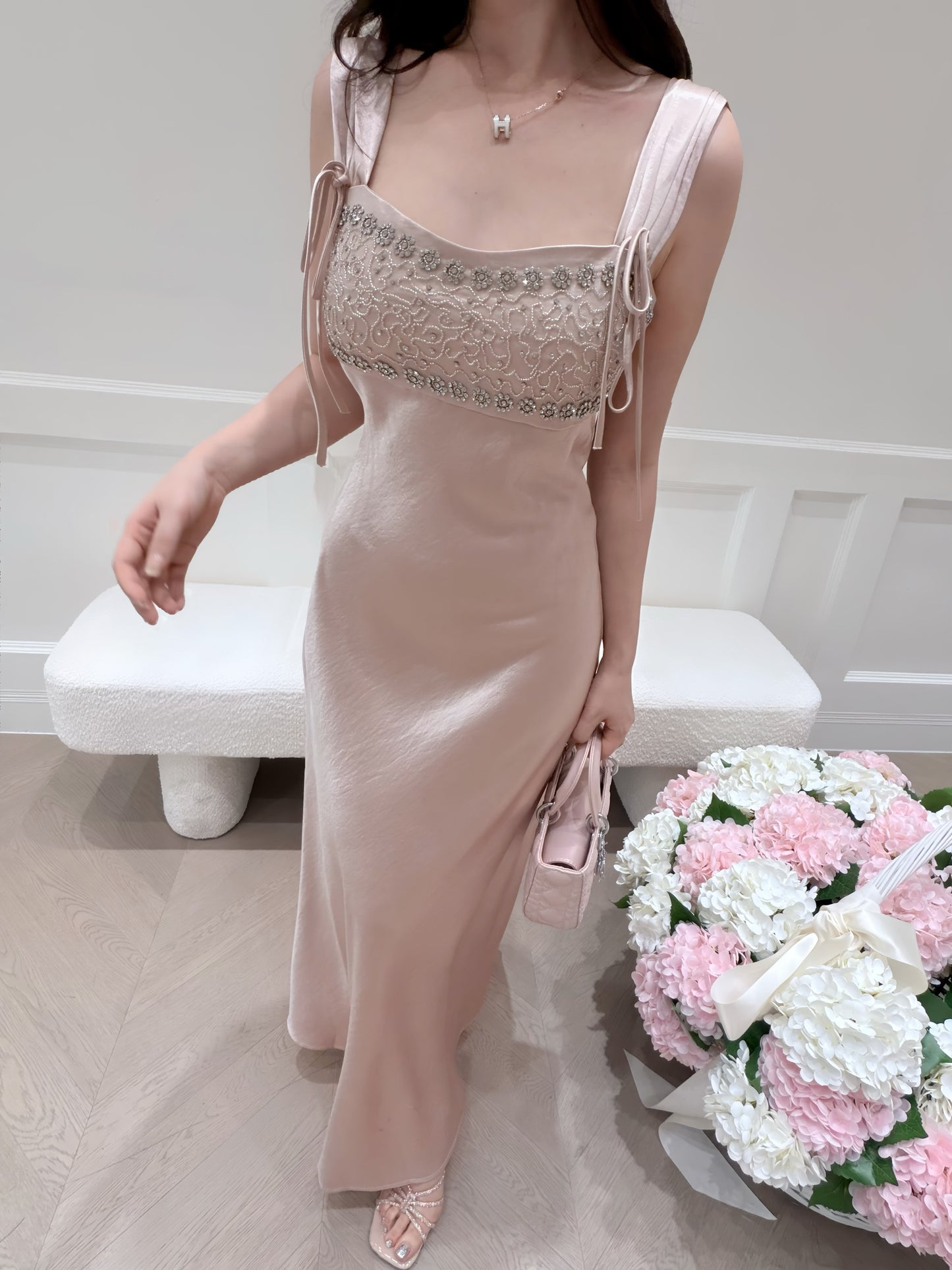 [Luxury] Beaded Satin A-Line Long Dress (QF059-1)