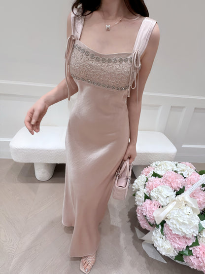 [Luxury] Beaded Satin A-Line Long Dress (QF059-1)