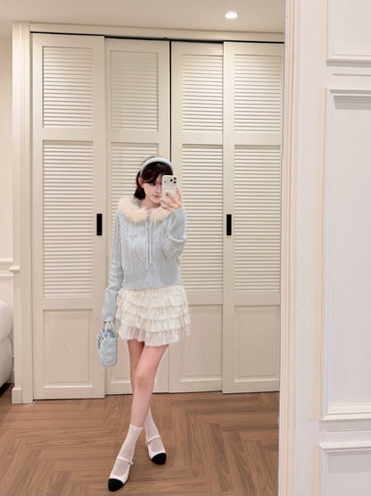 [Coquette] Fox Fur Collar Zip-Up Knit Cardigan (MY5812)