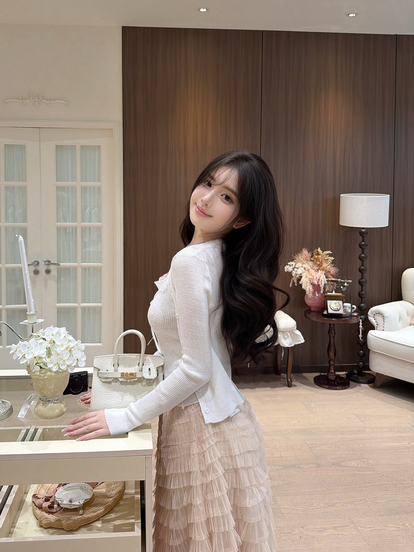 [Romantic] Lace Trim Cami and Knit Cardigan Set (QH-020)