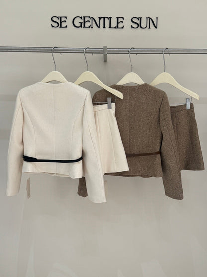 [Workwear] OL Tweed Blazer+Pleated Skirt Set (with Belt)
