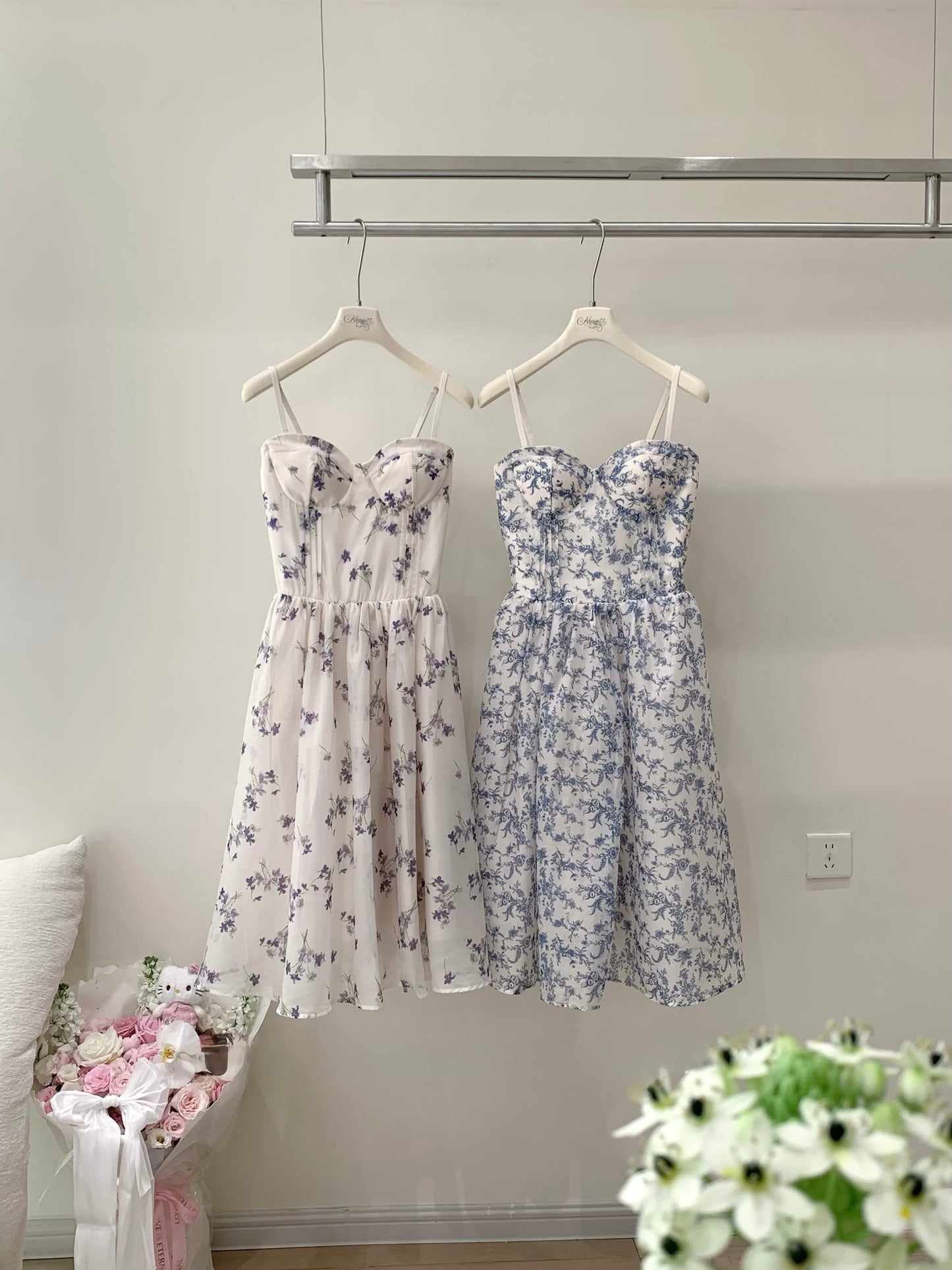 [Artistic] Purple/Blue Floral Sweetheart Neckline Dress (QF066)