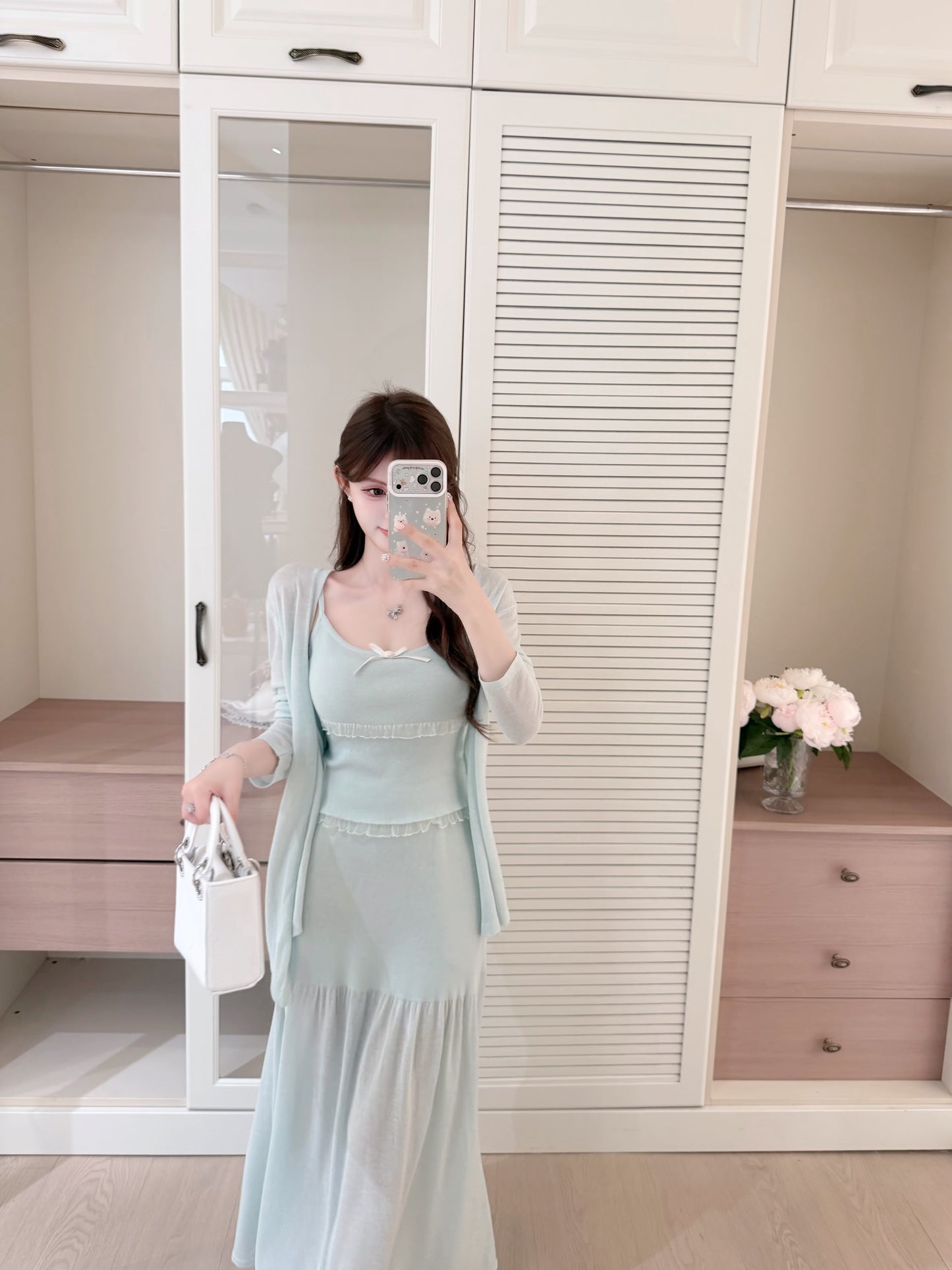 [Elegant] Ruffle Cami + Knit Cardigan + Flared Midi Skirt 3-Piece Set (QF110+QF111)