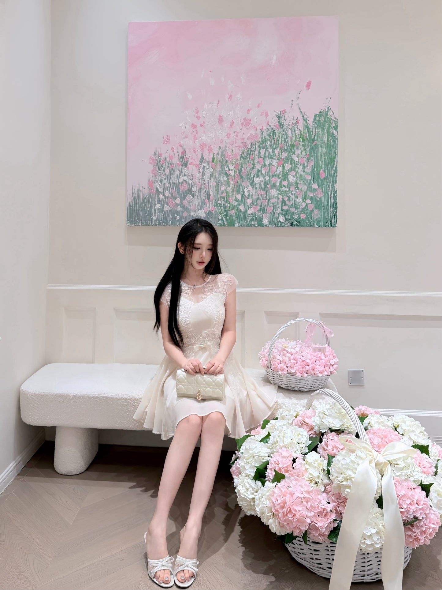 [Girlgod] Beaded Lace Mesh Overlay A-Line Dress (QF099)