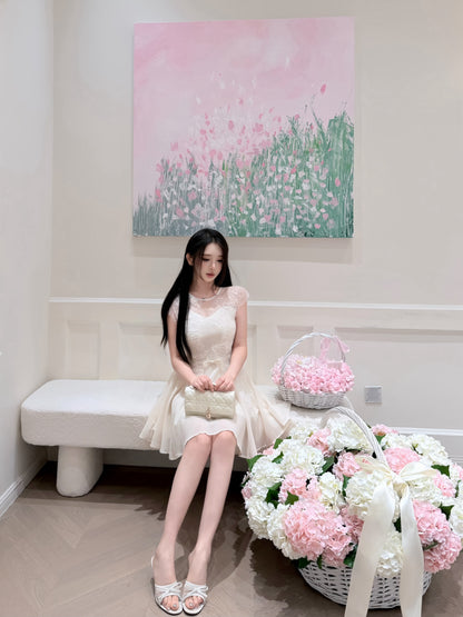 [Girlgod] Beaded Lace Mesh Overlay A-Line Dress (QF099)
