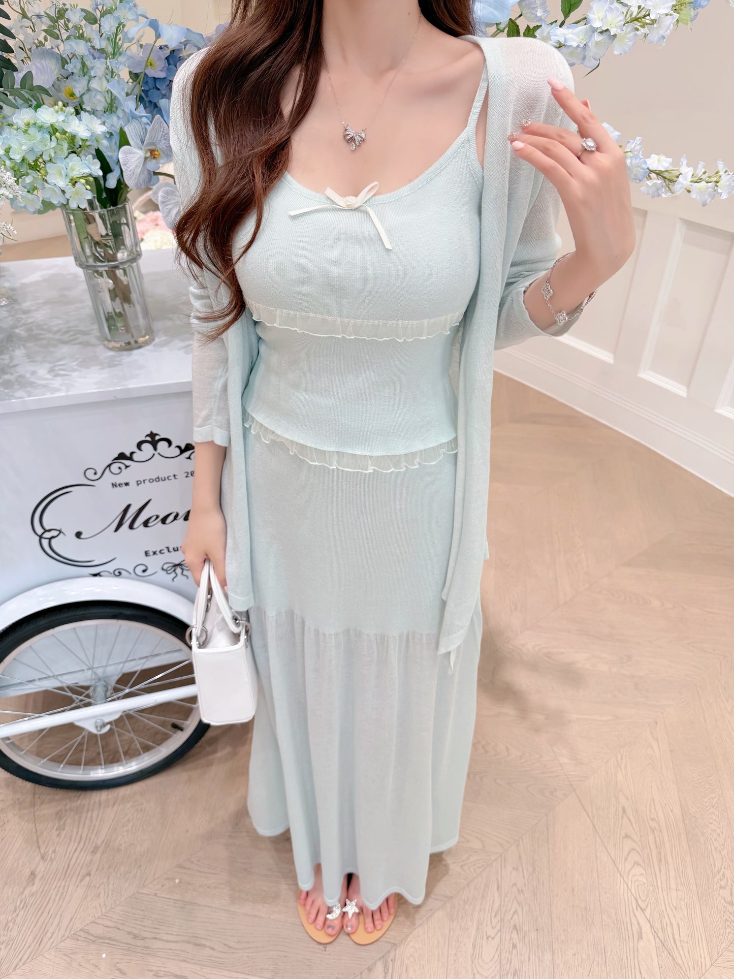 [Elegant] Ruffle Cami + Knit Cardigan + Flared Midi Skirt 3-Piece Set (QF110+QF111)