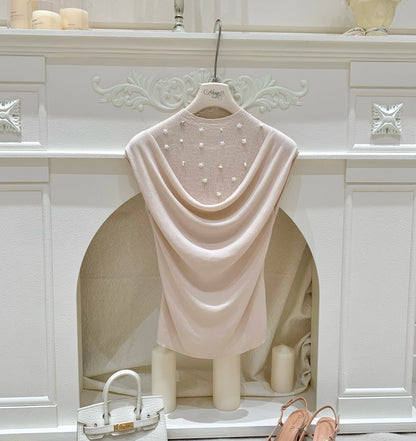 [Luxury] Handmade Pearl Cowl Neck Knit Top (QF033)