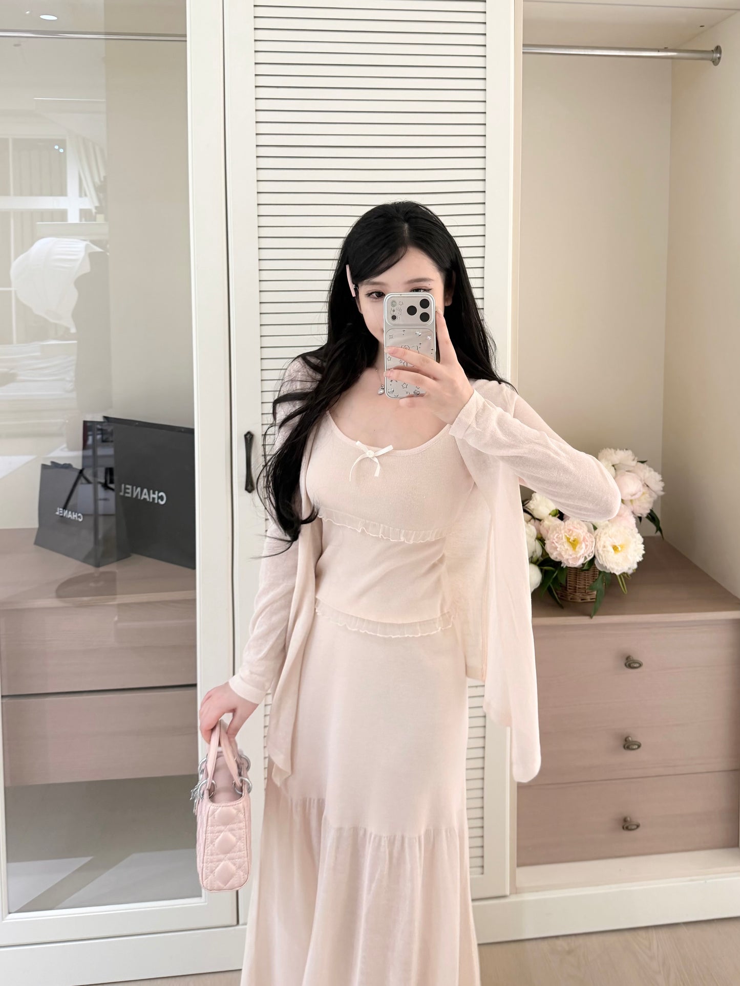 [Elegant] Ruffle Cami + Knit Cardigan + Flared Midi Skirt 3-Piece Set (QF110+QF111)