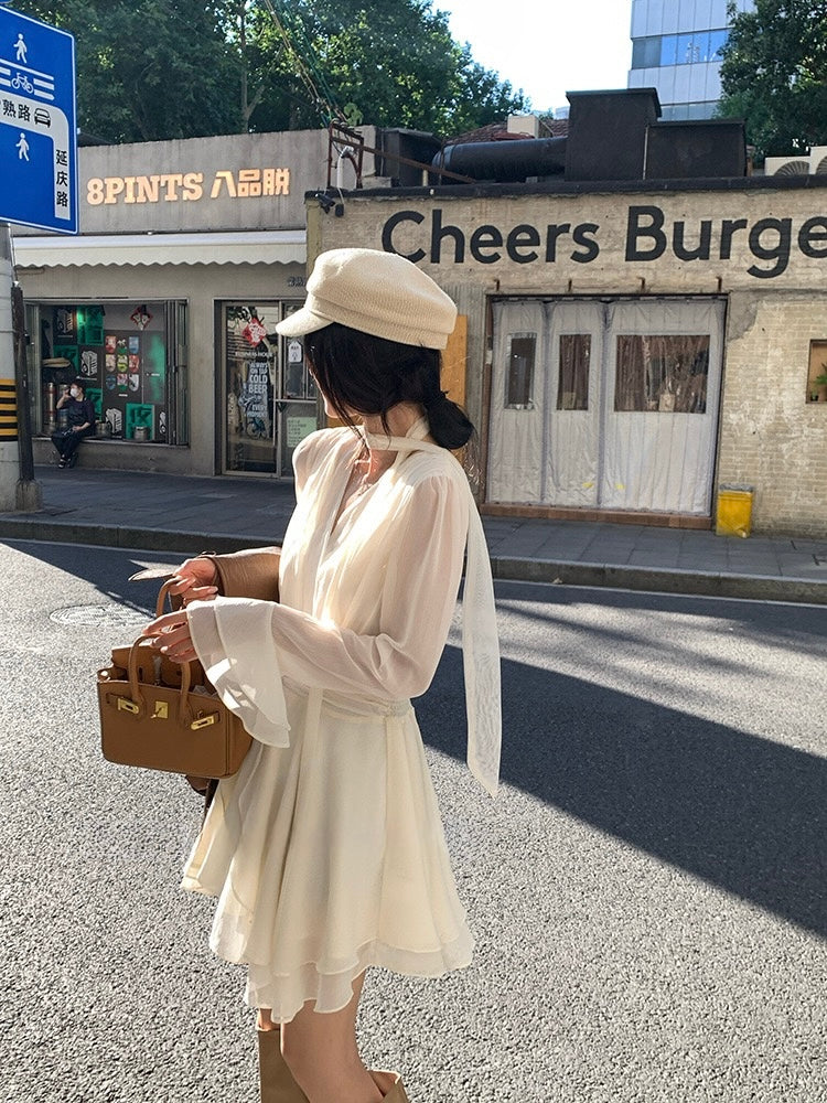 [Girly] White label V-neck Long-sleeve Elegant Dress