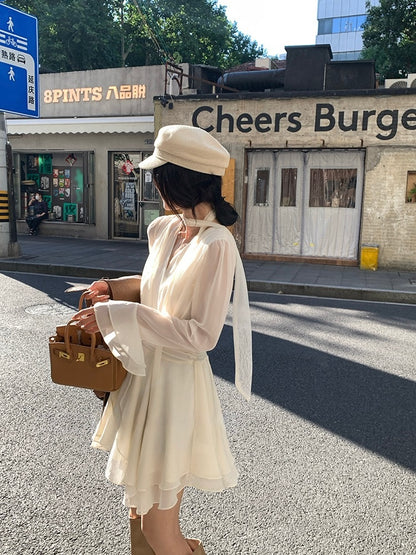 [Girly] White label V-neck Long-sleeve Elegant Dress