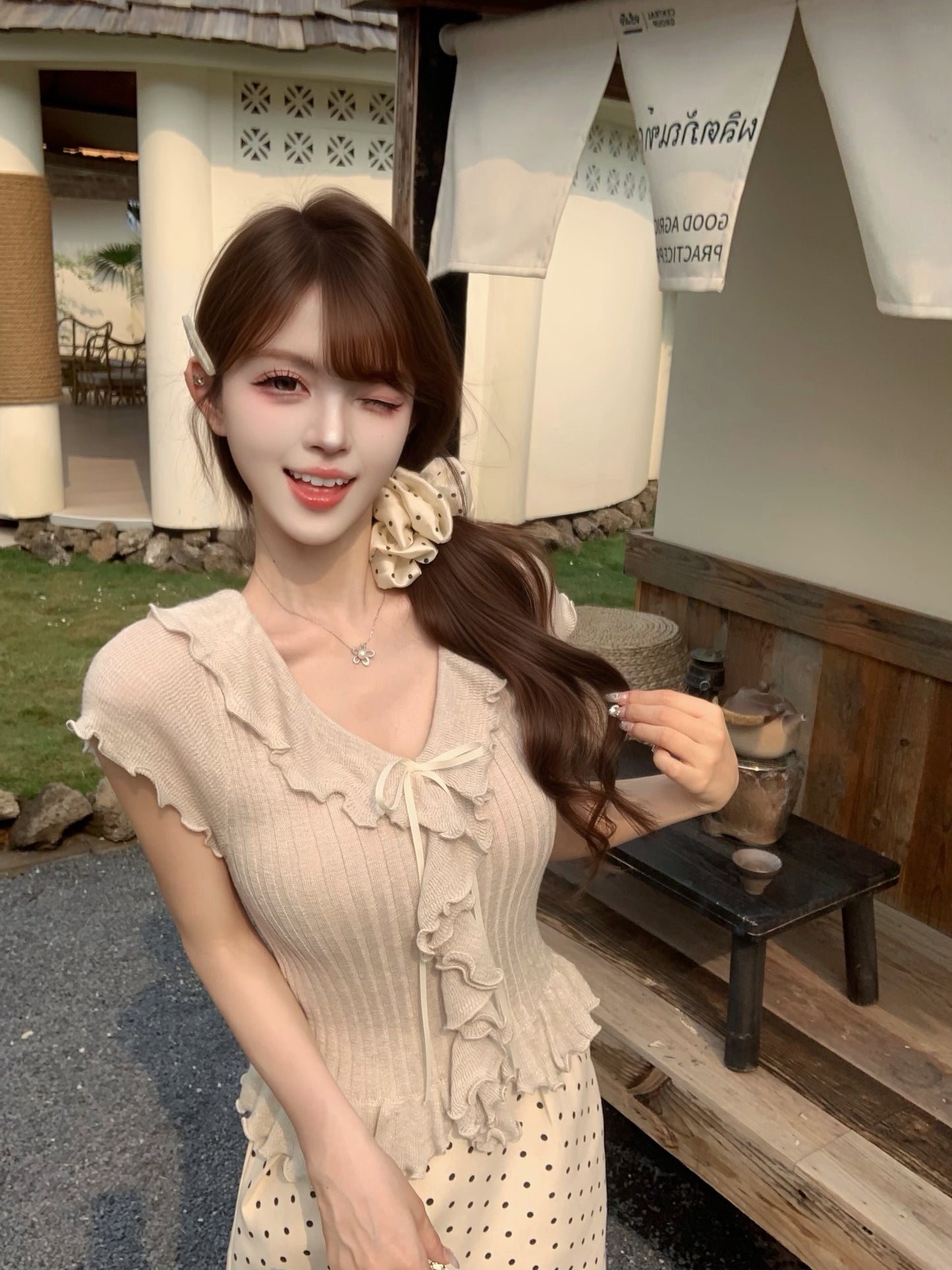 [Girly] Ruffle Flutter Sleeve Knit Top (QF031)