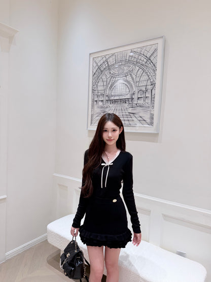 ⁠[Chic] Lace Trim V-Neck Bow Knit Base Top (QH-115)⁠