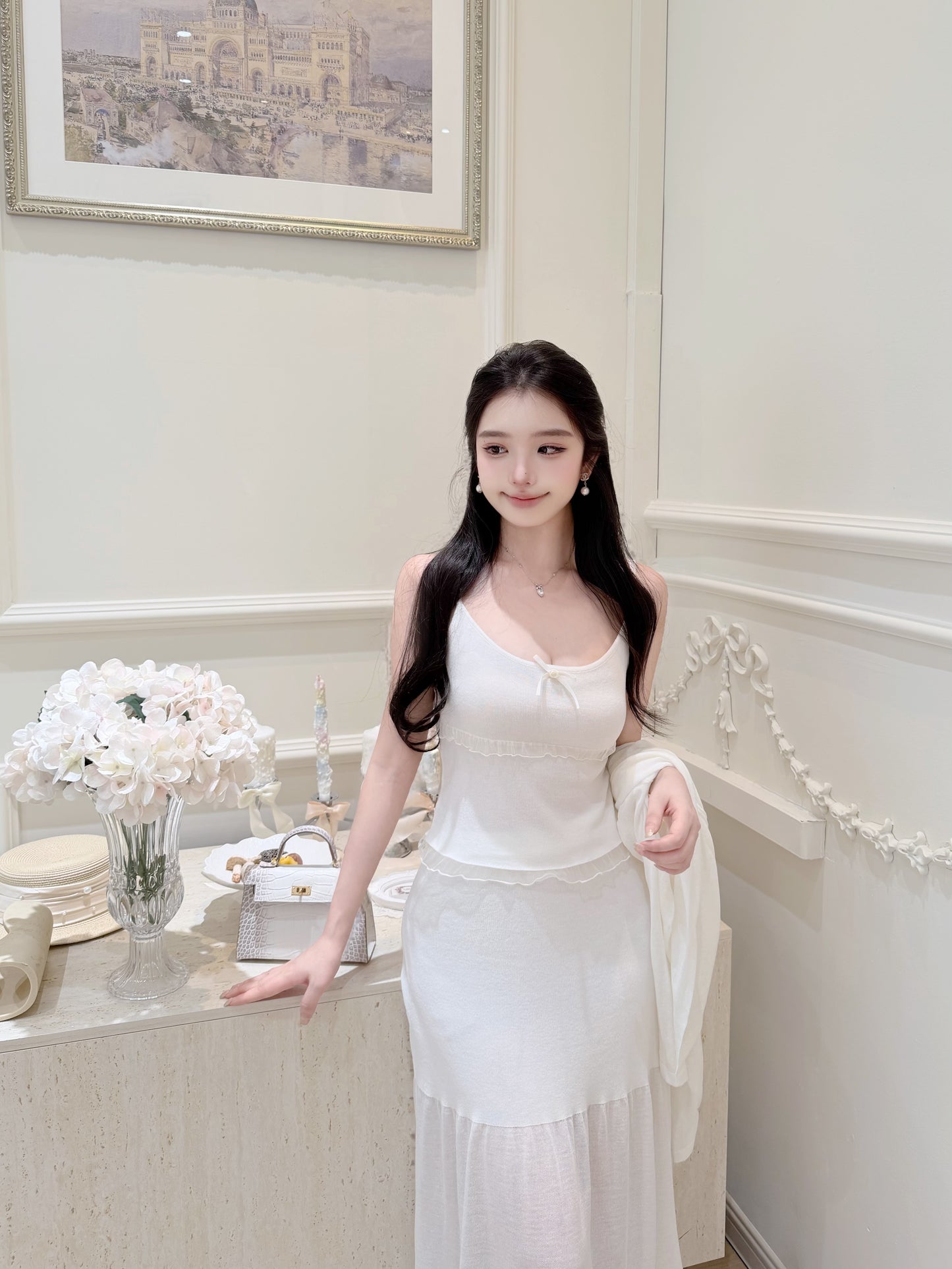 [Elegant] Ruffle Cami + Knit Cardigan + Flared Midi Skirt 3-Piece Set (QF110+QF111)