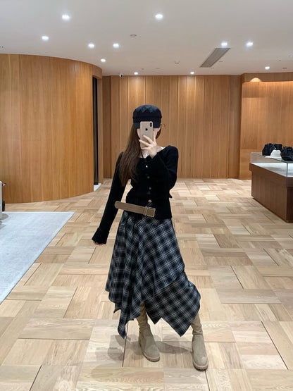 [Fashion] Designer Plaid Long Skirt (with belt)