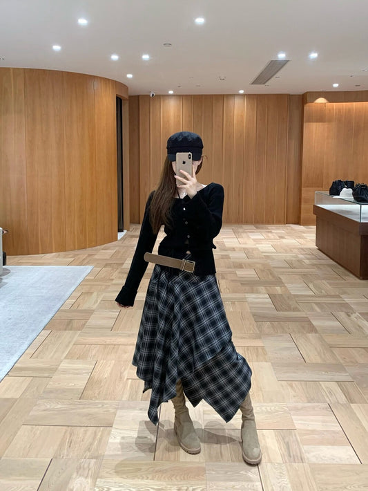[Fashion] Designer Plaid Long Skirt (with belt)
