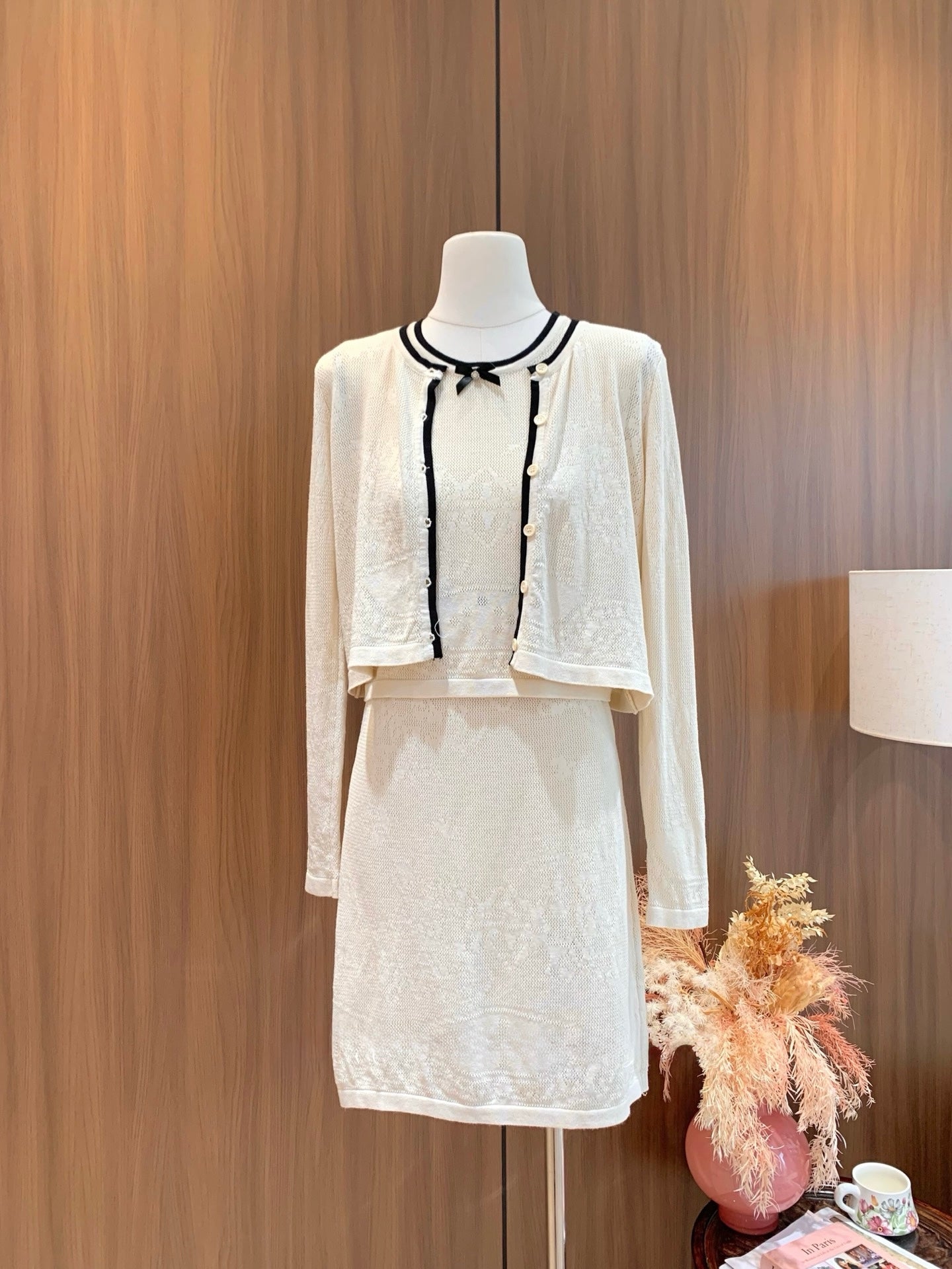 [Workwear] French Contrast Trim Lace Knit Cardigan and Skirt Set (QH-09)⁠