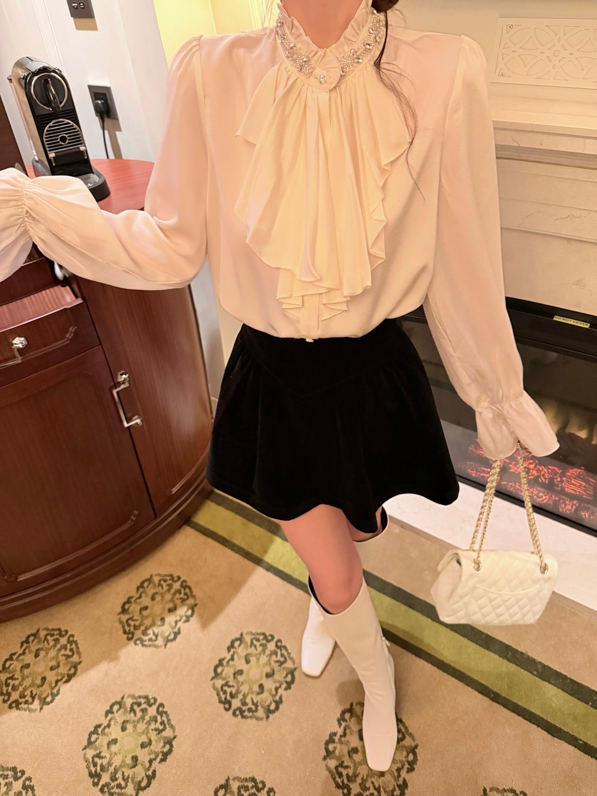 ⁠[Elegant] Stand Collar Ruffle Ribbon Satin Blouse (Q1535)⁠