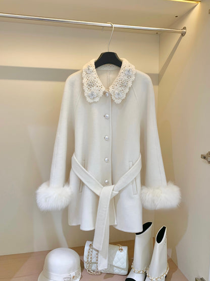 ⁠[Girly] Beaded Crochet Collar Fur Trim Belted 100% Australian Wool Coat (YRDY-015)