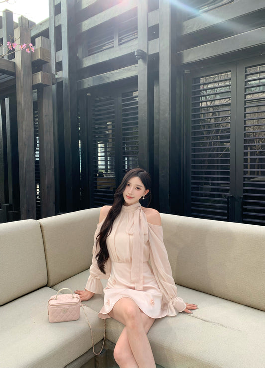 [Coquette] Sweet Pink & Beige Bare-Shoulder Dress (Q069)