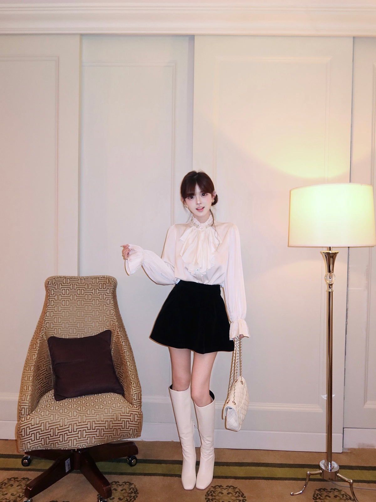 ⁠[Elegant] Stand Collar Ruffle Ribbon Satin Blouse (Q1535)⁠