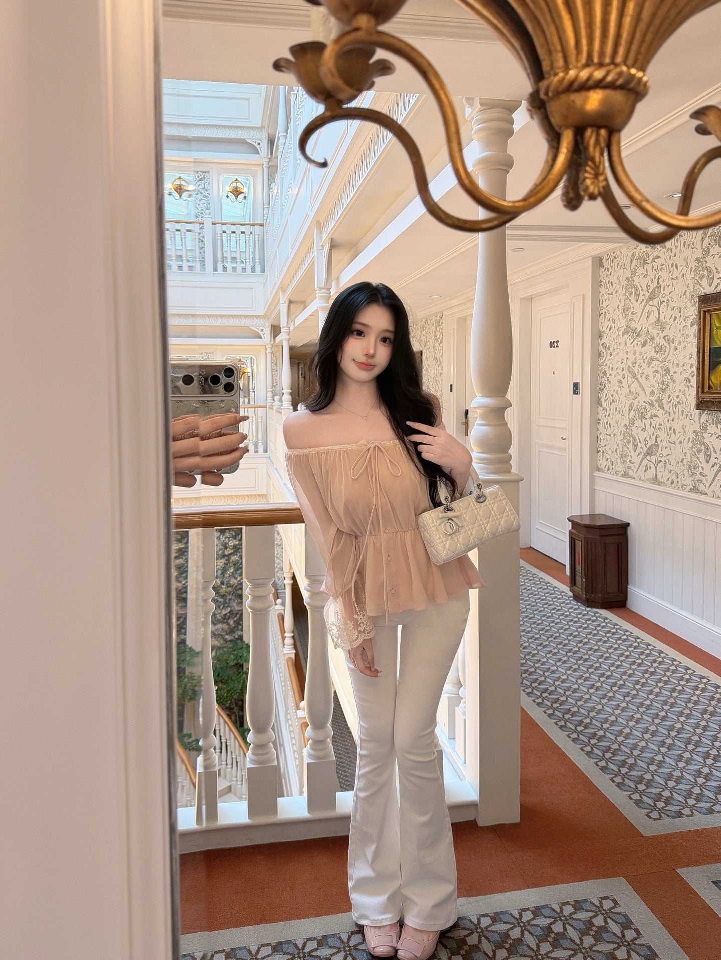 [Romantic] French Lace Trim Tie-Front Chiffon Blouse (Q1361)