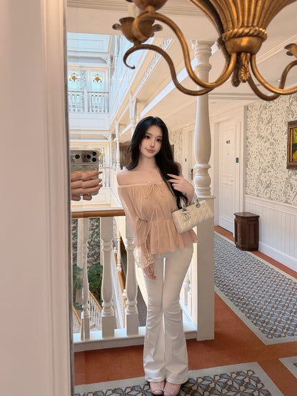 [Romantic] French Lace Trim Tie-Front Chiffon Blouse (Q1361)