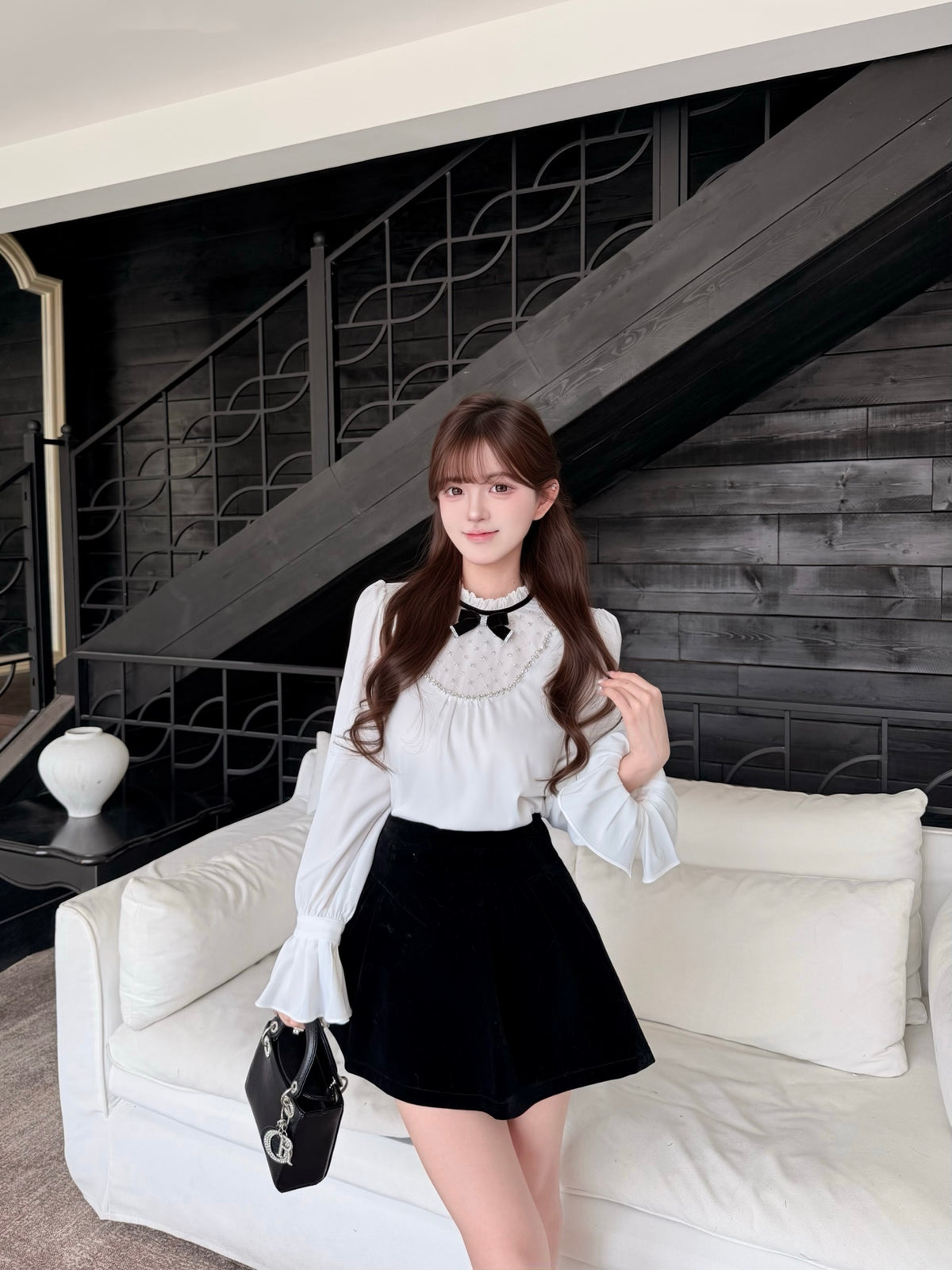 [Coquette] Pleated Chiffon Bow Blouse (Q1516)