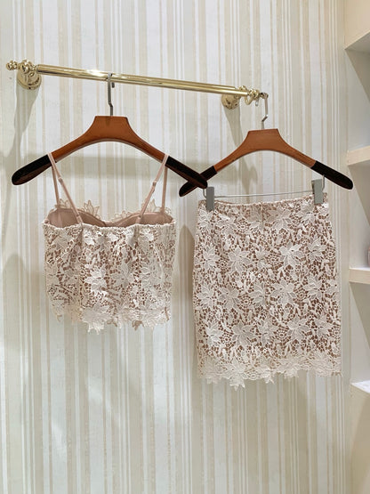⁠[Girly] Coquette Floral Lace Camisole and High-Waist Skirt Two-Piece Set (QH-019)⁠