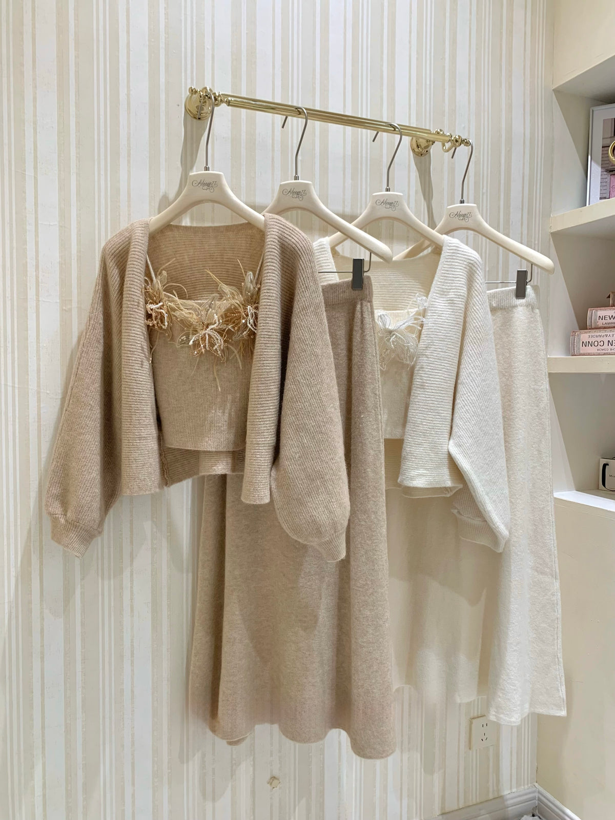 [Elegant]Japanese Style Feather Lace 3-Piece Knit Set (QH-076)