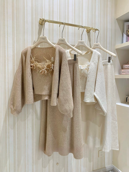 [Elegant]Japanese Style Feather Lace 3-Piece Knit Set (QH-076)