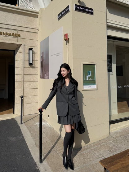 [Miu Style] Stripes Blazer + Pleated Skirt Set