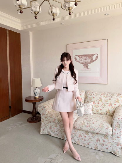 [Elegant] Pearl Tweed Crop Jacket & Skirt Set (Q1522)