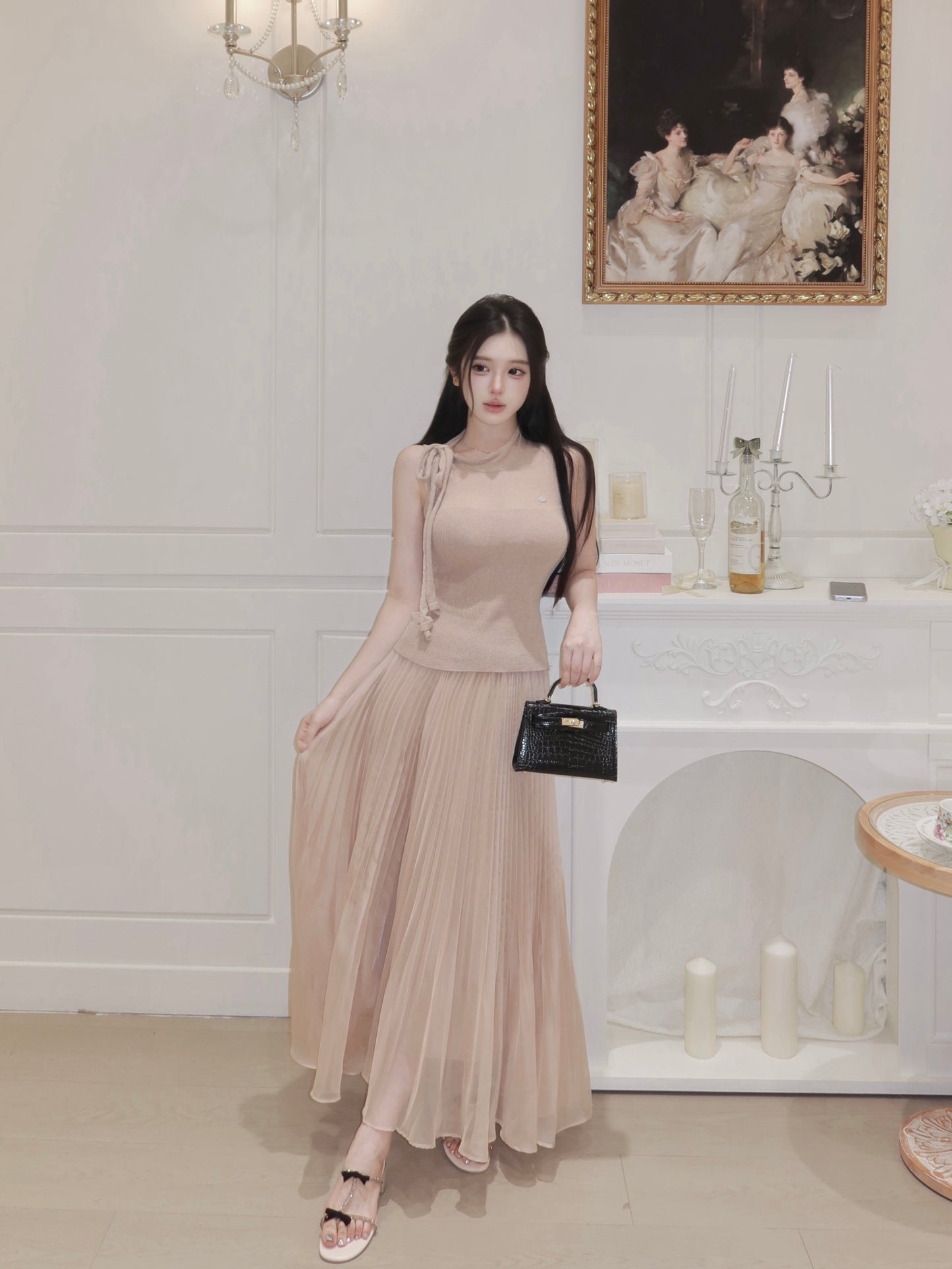 [Minimal] Slim Fit Knit Bow Cami Top (QF093)