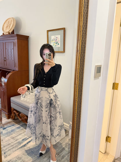 [Elegant] V-Neck Long Sleeve Knit Top & Printed Midi Skirt Two-Piece Set (MYQ-05/Q1308)