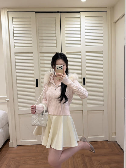 [Coquette] Fox Fur Collar Zip-Up Knit Cardigan (MY5812)
