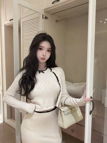 [Workwear] French Contrast Trim Lace Knit Cardigan and Skirt Set (QH-09)⁠