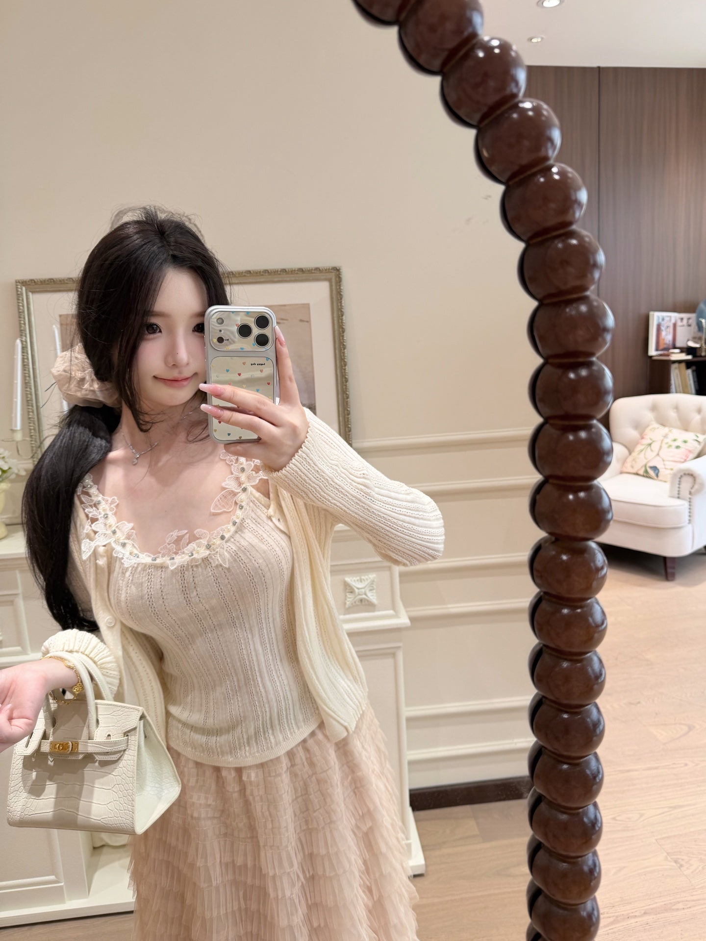 [Dating] Pearl Lace Trim Cami and Knit Cardigan Set (QH-08)