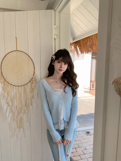 [Versatile] Lace V-neck Knitted Top