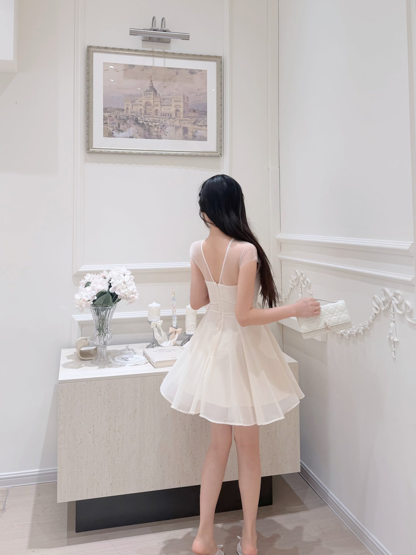 [Girlgod] Beaded Lace Mesh Overlay A-Line Dress (QF099)