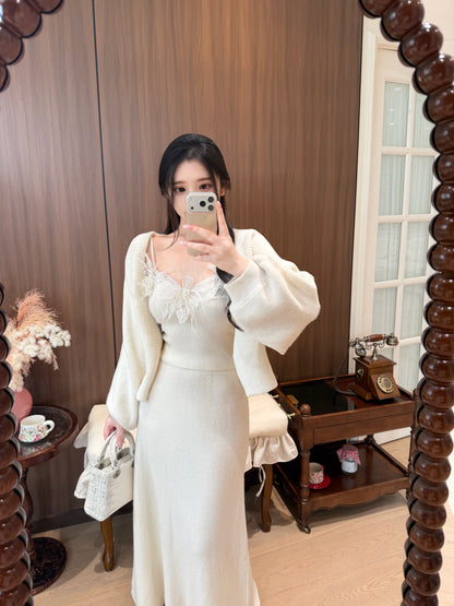 [Elegant]Japanese Style Feather Lace 3-Piece Knit Set (QH-076)
