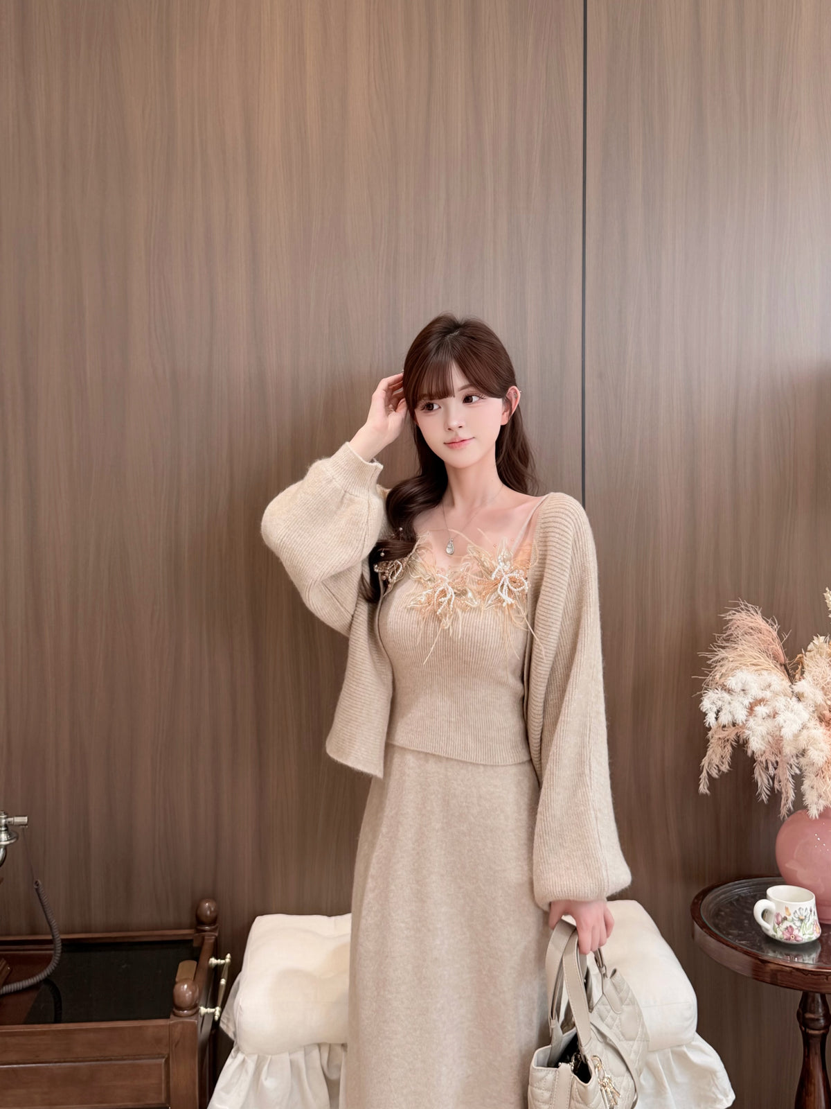 [Elegant]Japanese Style Feather Lace 3-Piece Knit Set (QH-076)