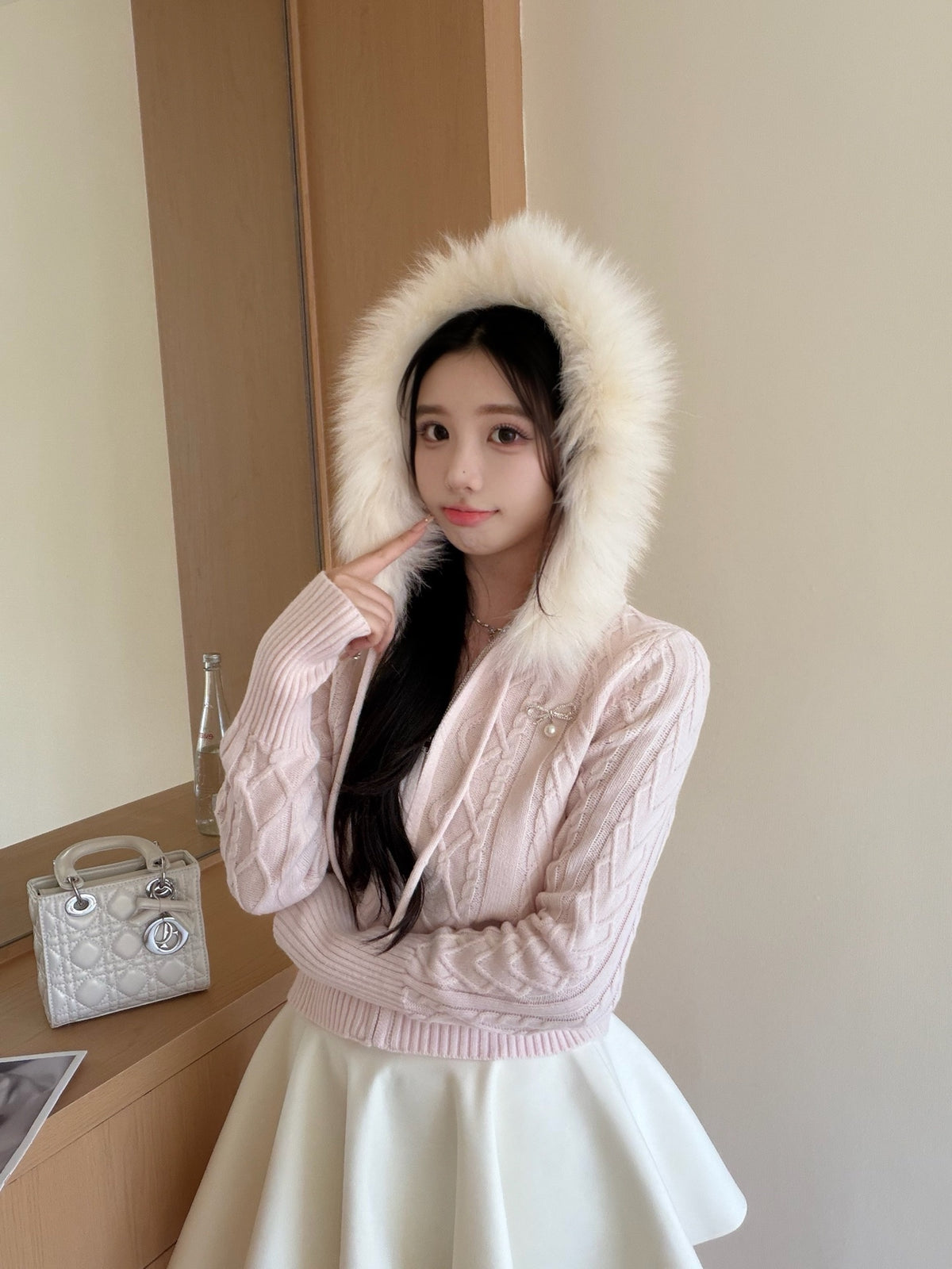 [Coquette] Fox Fur Collar Zip-Up Knit Cardigan (MY5812)