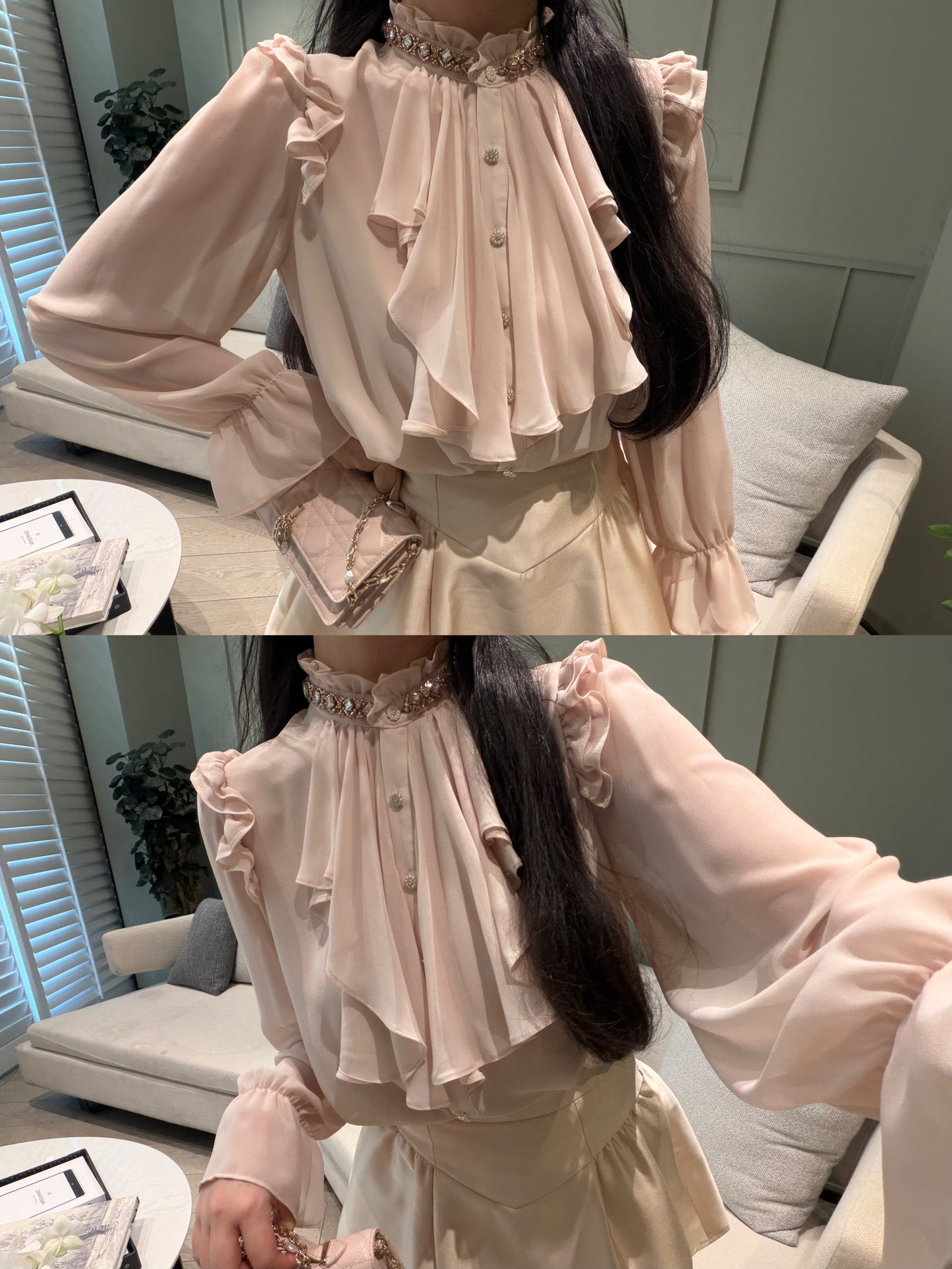 [Workwear] Ruffle Pink & Beige Chiffon Shirt (Q053)